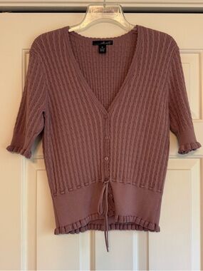 Willi Smith Women’s Cable Knit V-Neck Button Sweater Short Sleeve Dusty Rose M